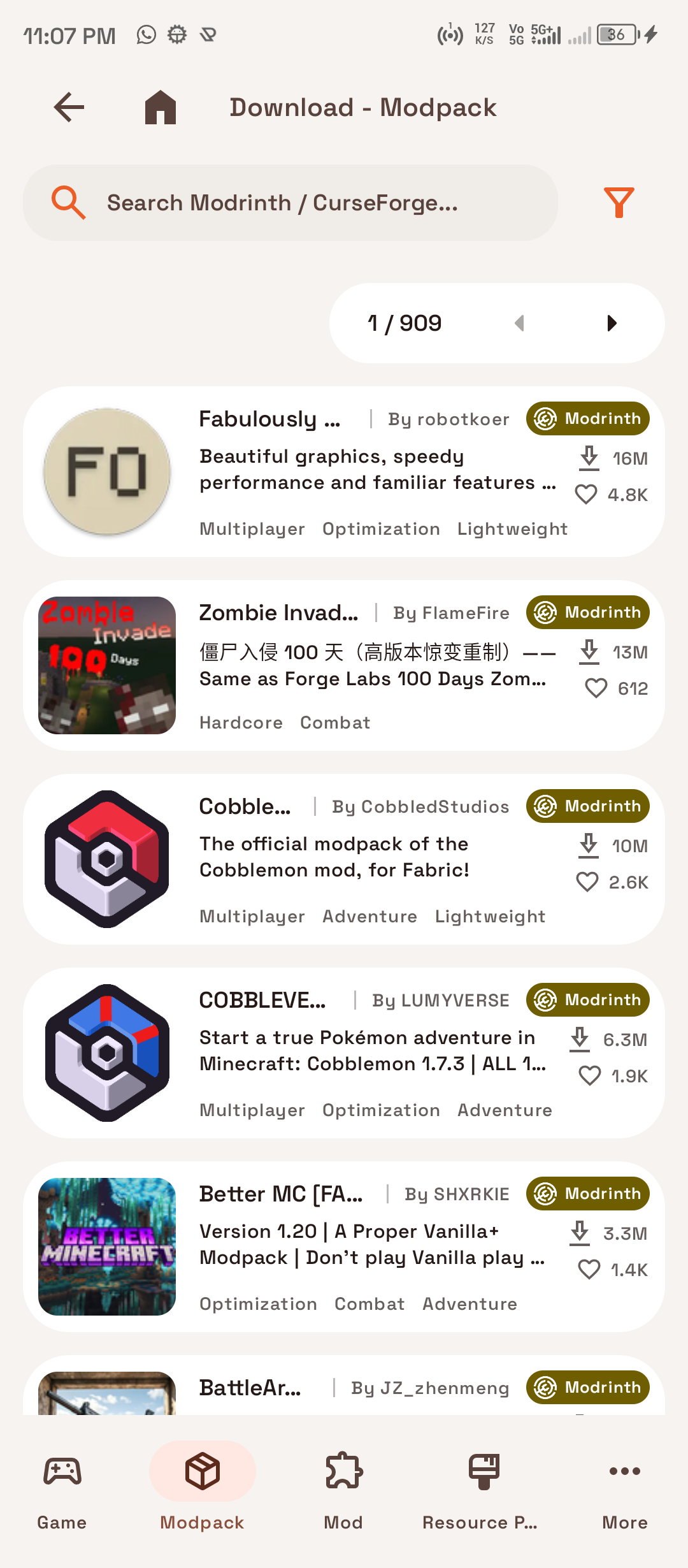 CurseForge and Modrinth modpack browser inside Blade Launcher